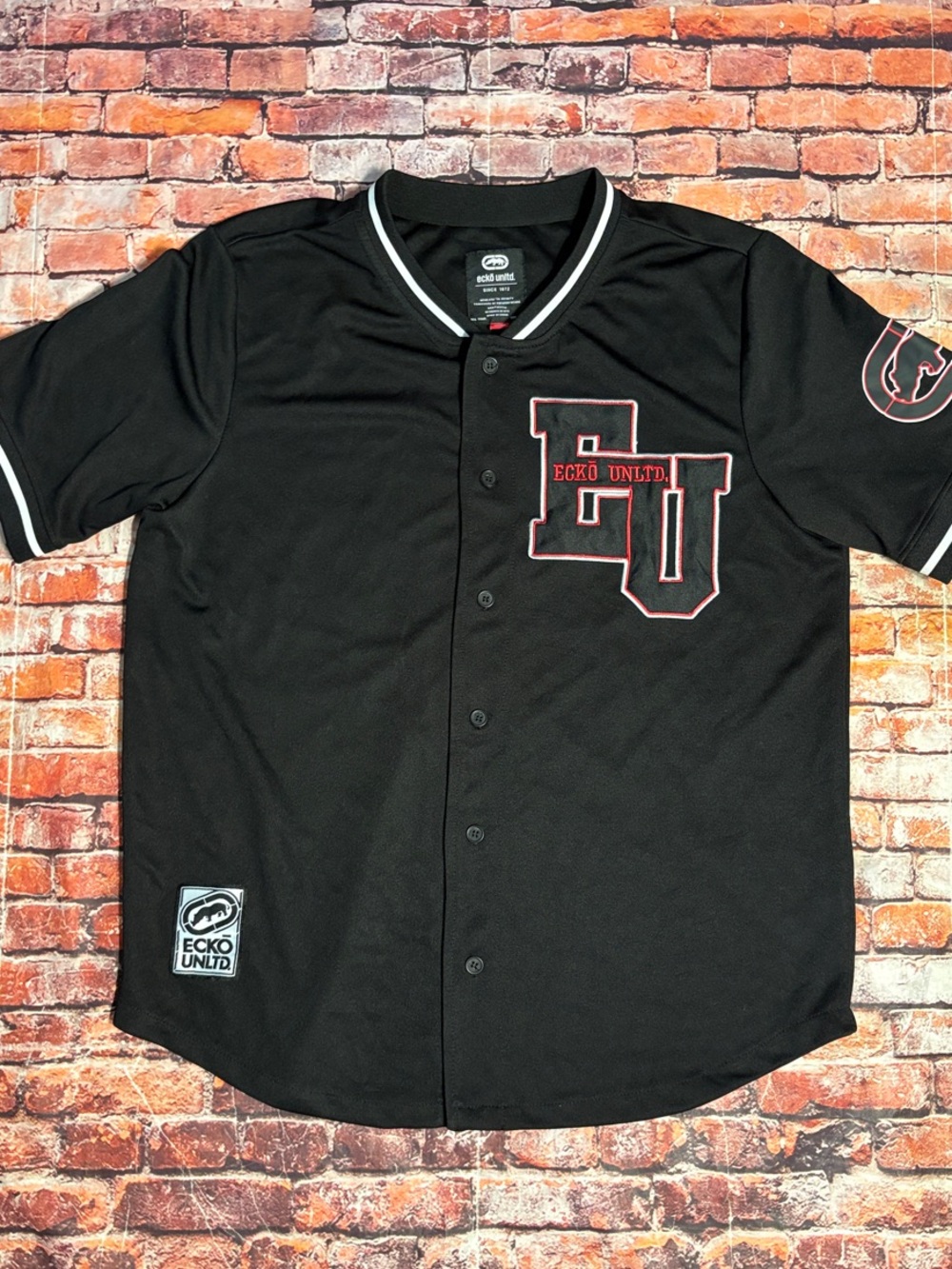 Ecko Unlimited Black Short-Sleeve Button Baseball Jersey with White Trim
